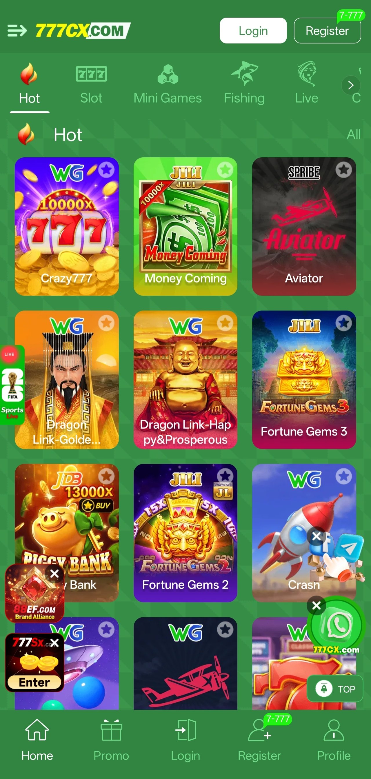 777cx Game app interface with hot slot games and lobby