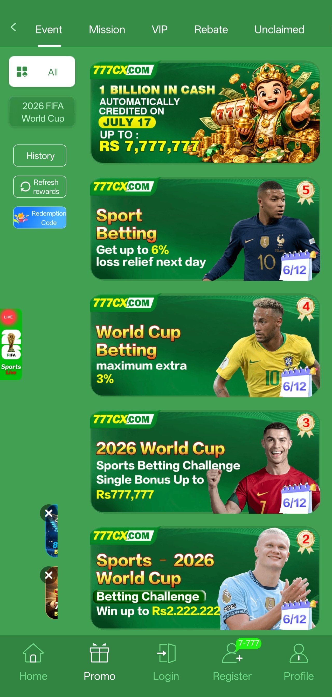 777cx app screen showing promotions